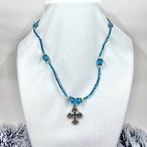 Silver Tone Cross Pendant on Blue Beaded 16” Necklace